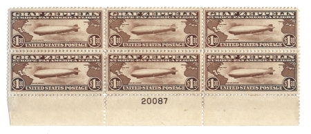 Air Post Stamps SCOTT #C-14 $1.30 GRAF ZEPPELIN, BOTTOM PLATE BLOCK (6), MINT W/ GREAT CENTERING