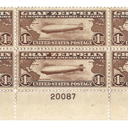 Air Post Stamps SCOTT #C-14 $1.30 GRAF ZEPPELIN, BOTTOM PLATE BLOCK (6), MINT W/ GREAT CENTERING