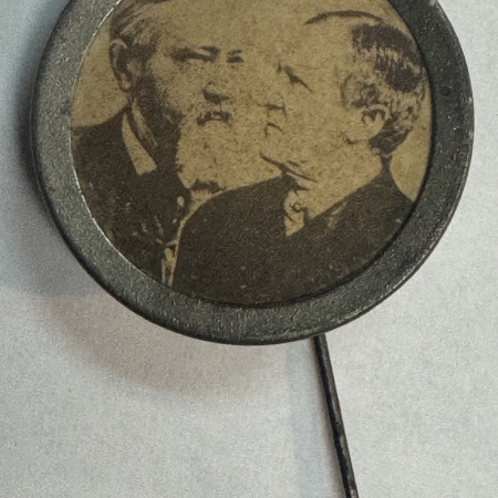 New Store Items 1888 HARRISON-MORTON 1″ JUGATE CAMPAIGN PIN W/ PHOTO, EXC ORIGINAL CONDITION!