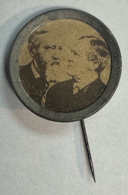 New Store Items 1888 HARRISON-MORTON 1″ JUGATE CAMPAIGN PIN W/ PHOTO, EXC ORIGINAL CONDITION!