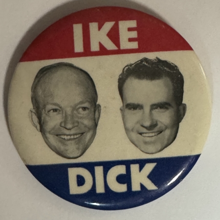 Political 1952 IKE-DICK EISENHOWER 3 1/2″ JUGATE CAMPAIGN BUTTON, POPULAR DESIGN & MINT!