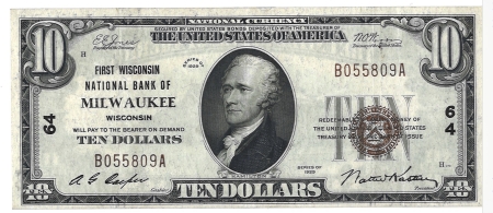 New Store Items 1929 $10 FWNB OF MILWAUKEE, WISCONSIN TY 1 NATIONAL BANKNOTE, CHTR 64-BRIGHT XF!