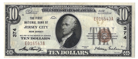 New Store Items 1929 $10 FNB OF JERSEY CITY, NJ TY 1 NATIONAL BANKNOTE, CHTR #374-BRIGHT VF/XF