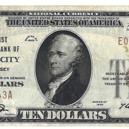 New Store Items 1929 $10 FNB OF JERSEY CITY, NJ TY 1 NATIONAL BANKNOTE, CHTR #374-BRIGHT VF/XF