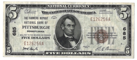 New Store Items 1929 $5 FDNB OF PITTSBURGH, PA TY 1 NATIONAL BANKNOTE, CHTR #685-BRIGHT VF!