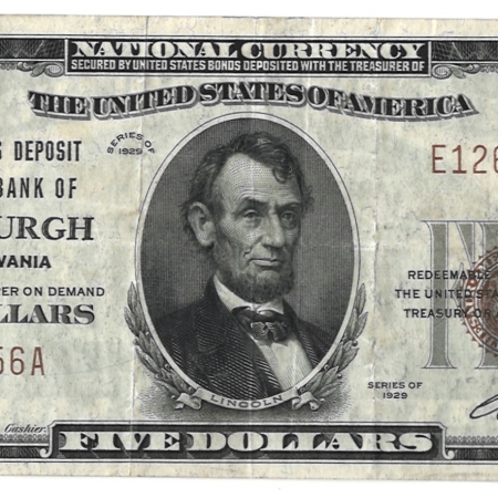 New Store Items 1929 $5 FDNB OF PITTSBURGH, PA TY 1 NATIONAL BANKNOTE, CHTR #685-BRIGHT VF!