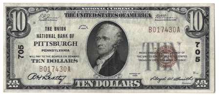 New Store Items 1929 $10 UNB OF PITTSBURGH, PA TY 1 NATIONAL BANKNOTE, CHTR #705, BRIGHT VF+