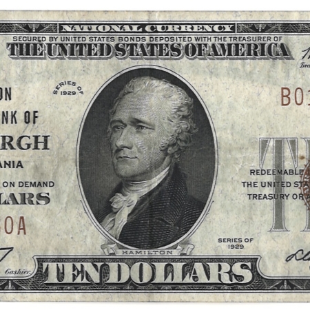 New Store Items 1929 $10 UNB OF PITTSBURGH, PA TY 1 NATIONAL BANKNOTE, CHTR #705, BRIGHT VF+