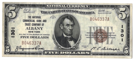 New Store Items 1929 $NCBTC OF ALBANY, NY TY 1 NATIONAL BANKNOTE, CHTR #1301, CHOICE VF! 