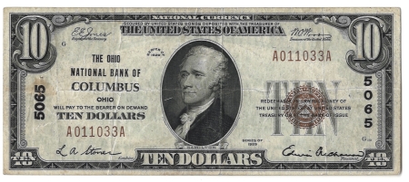 New Store Items 1929 $10 OHIO NB OF COLUMBUS, OHIO TY 1 NATIONAL BANKNOTE, CHTR #5065, VF