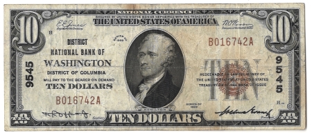 New Store Items 1929 $10 DNB OF WASHINGTON (DC) TY 1 NATIONAL BANKNOTE, CHTR #9545, ORIGINAL VF