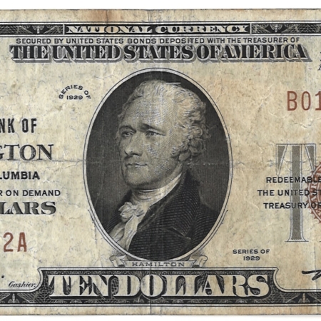 New Store Items 1929 $10 DNB OF WASHINGTON (DC) TY 1 NATIONAL BANKNOTE, CHTR #9545, ORIGINAL VF