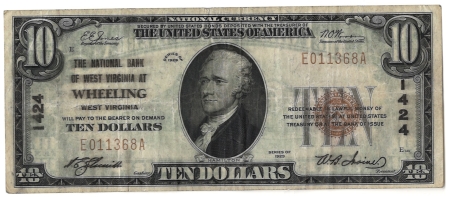 New Store Items 1929 $10 NB OF WV AT WHEELING, WV TY 1 $10 NATIONAL BANKNOTE-“WASHED” VF