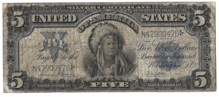 Large Silver Certificates 1899 $5 SILVER CERTIFICATE “CHIEF”, FR-281, SPEELMAN-WHITE, HONEST CIRC “FINE”!