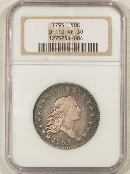 Early Halves 1795 FLOWING HAIR HALF DOLLAR, TWO LEAVES, O-110 – NGC VF-30, PLEASING