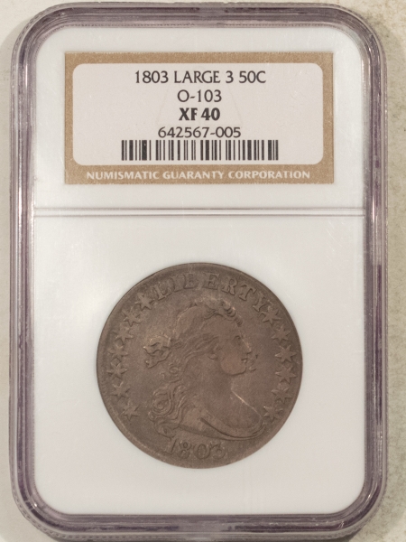 Early Halves 1803 LARGE 3 DRAPED BUST HALF DOLLAR, O-103 – NGC XF-40, NICE ORIGINAL