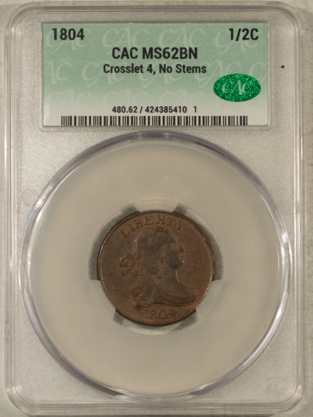 CAC Approved Coins 1804 DRAPED BUST HALF CENT, CROSSLET 4, NO STEMS – CACG MS-62 BN, FRESH & PQ!