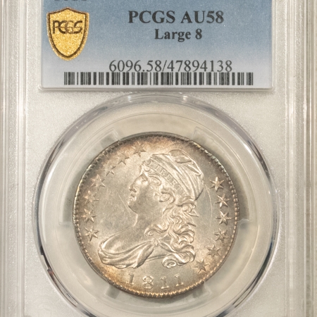 Early Halves 1811 CAPPED BUST HALF DOLLAR, LARGE 8 – PCGS AU-58, LOOKS MS62, PREMIUM QUALITY!