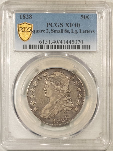 Early Halves 1828 CAPPED BUST HALF DOLLAR, SQUARE 2, SMALL 8, LARGE LETTERS – PCGS XF-40