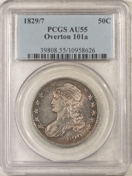 Early Halves 1829/7 CAPPED BUST HALF DOLLAR, O-101a – PCGS AU-55, POPULAR VARIETY!