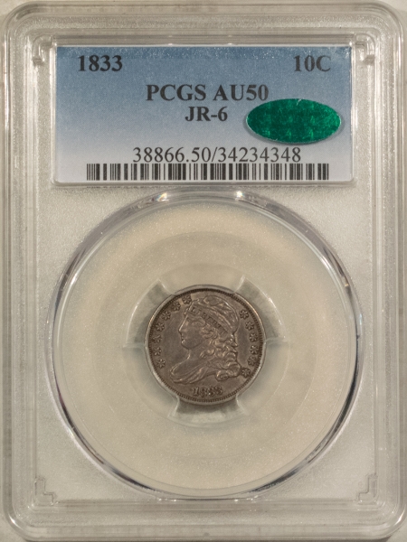 CAC Approved Coins 1833 CAPPED BUST DIME, JR-6 PCGS AU-50 ORIGINAL, PREMIUM QUALITY & CAC APPROVED!