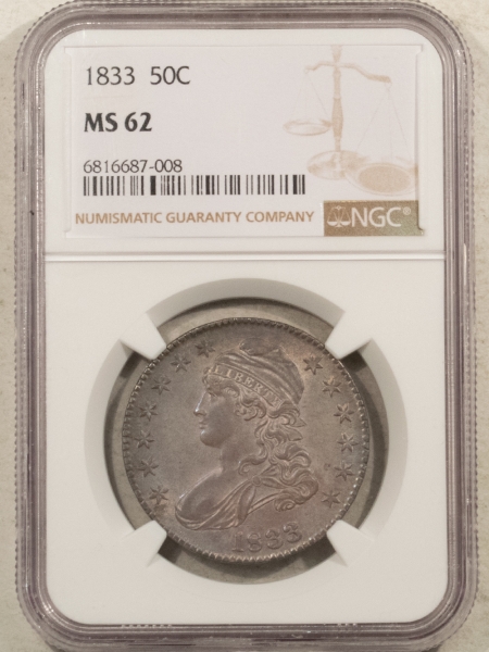 Early Halves 1833 CAPPED BUST HALF DOLLAR – NGC MS-62, SMOOTH & ATTRACTIVE