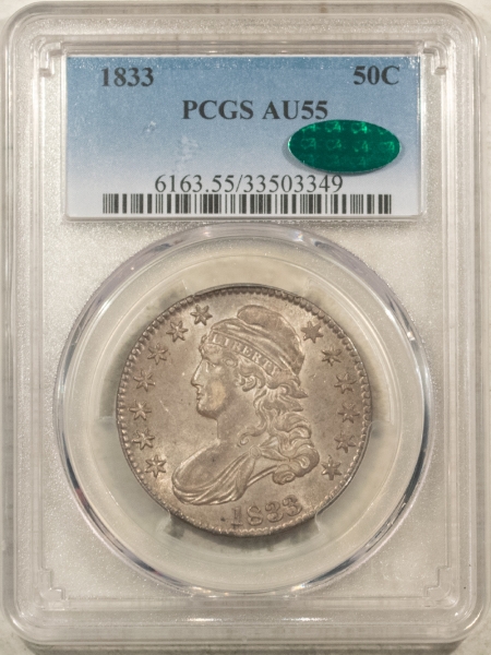 CAC Approved Coins 1833 CAPPED BUST HALF DOLLAR – PCGS AU-55, CAC APPROVED, SUPER ORIGINAL & PQ!