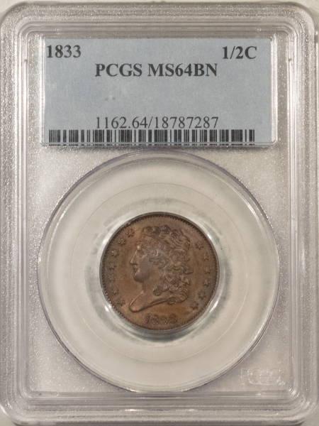 Classic Head Half Cents 1833 CLASSIC HEAD HALF CENT – PCGS MS-64 BN, ORIGNAL & VERY NICE!