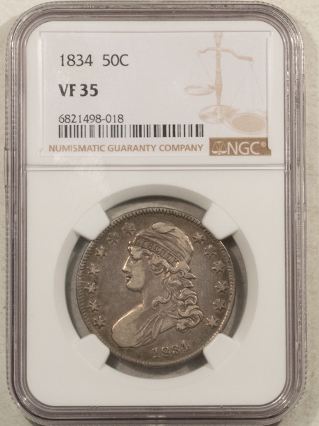 Early Halves 1834 CAPPED BUST HALF DOLLAR, SMALL DATE, SMALL LETTERS – NGC VF-35