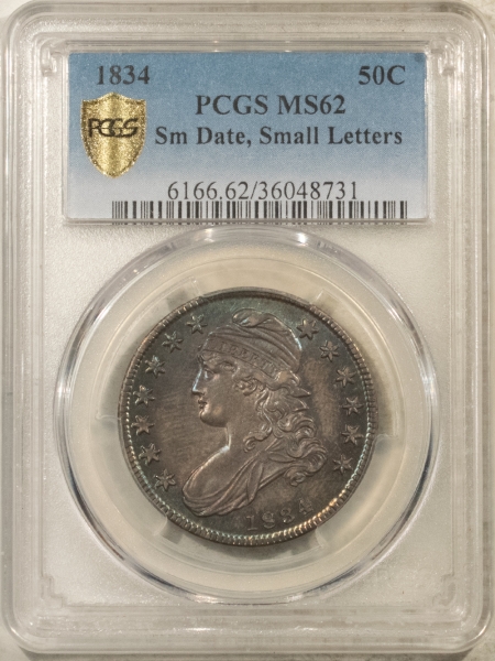 Early Halves 1834 CAPPED BUST HALF DOLLAR, SMALL DATE, SMALL LETTERS – PCGS MS-62, PRETTY!