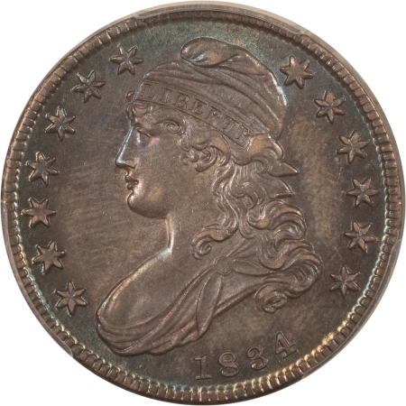 Early Halves 1834 CAPPED BUST HALF DOLLAR, SMALL DATE, SMALL LETTERS – PCGS MS-62, PRETTY!