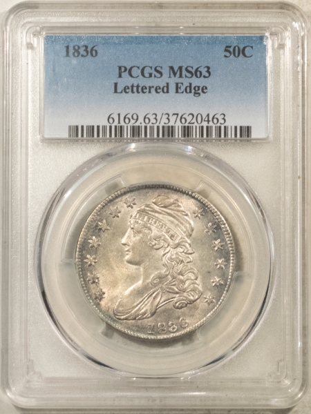 Early Halves 1836 CAPPED BUST HALF DOLLAR, LETTERED EDGE – PCGS MS-63, FLASHY, GREAT LOOK!