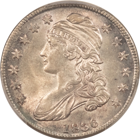 Early Halves 1836 CAPPED BUST HALF DOLLAR, LETTERED EDGE – PCGS MS-63, FLASHY, GREAT LOOK!