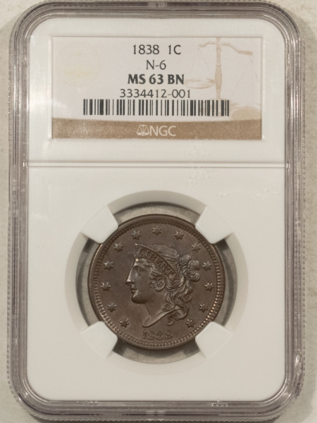 Coronet Head Large Cents 1838 CORONET HEAD LARGE CENT, N-6 – NGC MS-63 BN, CHOICE, TOUGHER DATE!