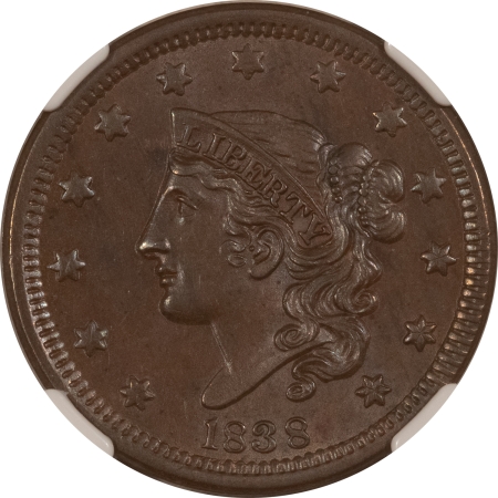 Coronet Head Large Cents 1838 CORONET HEAD LARGE CENT, N-6 – NGC MS-63 BN, CHOICE, TOUGHER DATE!