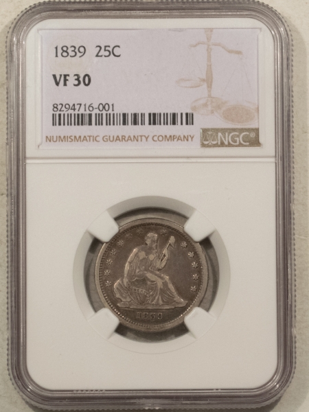 Liberty Seated Quarters 1839 SEATED LIBERTY QUARTER, NO DRAPERY – NGC VF-30, NICE ORIGINAL