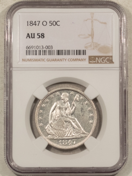 Liberty Seated Halves 1847-O SEATED LIBERTY HALF DOLLAR – NGC AU-58, TOUGH!