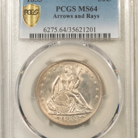 Liberty Seated Halves 1853 SEATED LIBERTY HALF DOLLAR ARROWS & RAYS – PCGS MS-64 FRESH WHITE NEAR GEM!