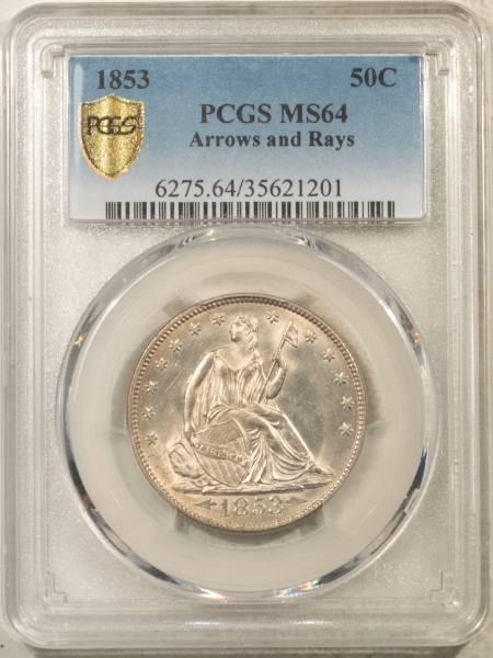 Liberty Seated Halves 1853 SEATED LIBERTY HALF DOLLAR ARROWS & RAYS – PCGS MS-64 FRESH WHITE NEAR GEM!