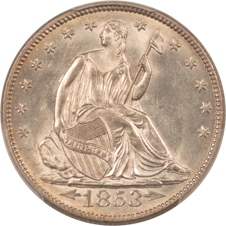 Liberty Seated Halves 1853 SEATED LIBERTY HALF DOLLAR ARROWS & RAYS – PCGS MS-64 FRESH WHITE NEAR GEM!