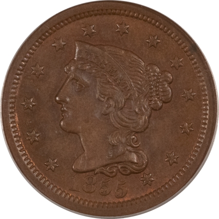 Braided Hair Large Cents 1855 BRAIDED HAIR LARGE CENT, UPRIGHT 55 – PCGS MS-62 BN, SMOOTH & LOOKS CHOICE!