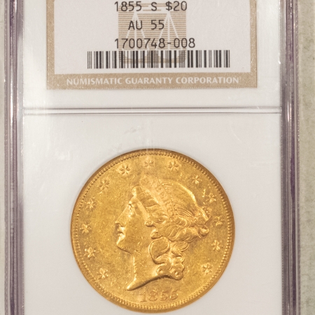 $20 1855-S NO MOTTO $20 LIBERTY GOLD DOUBLE EAGLE – NGC AU-55, FLASHY & NICE, TOUGH!