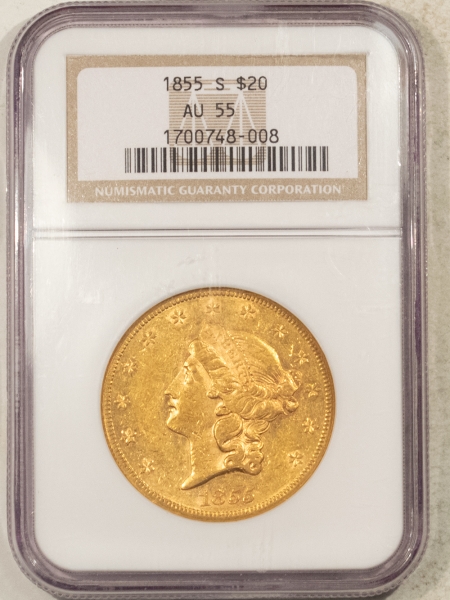 $20 1855-S NO MOTTO $20 LIBERTY GOLD DOUBLE EAGLE – NGC AU-55, FLASHY & NICE, TOUGH!