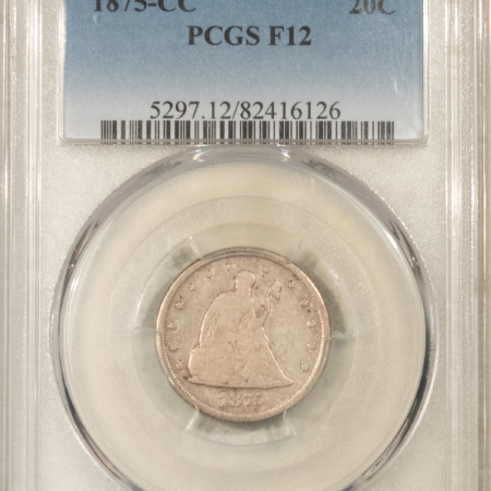 New Certified Coins 1875-CC TWENTY CENT PIECE – PCGS F-12, CARSON CITY!