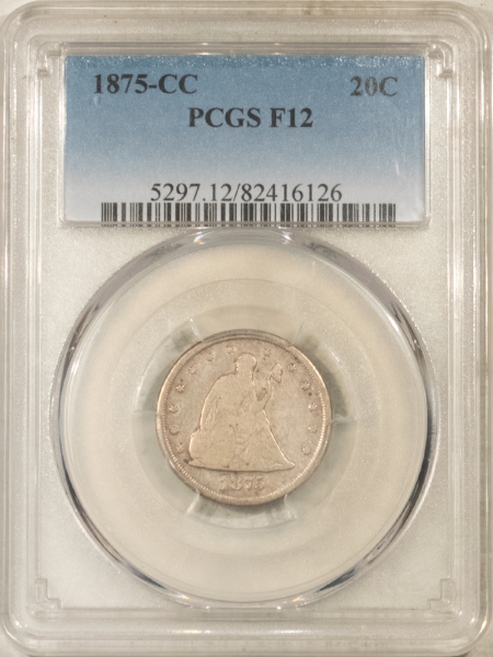 New Certified Coins 1875-CC TWENTY CENT PIECE – PCGS F-12, CARSON CITY!