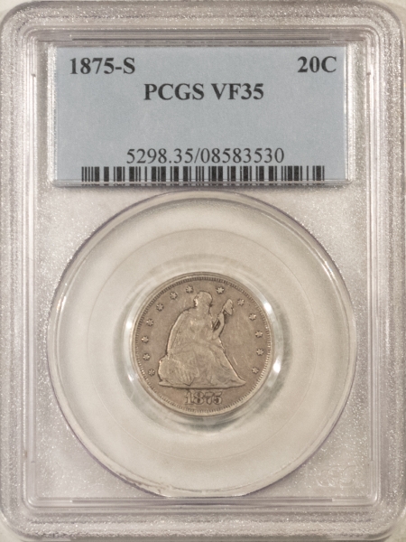 New Certified Coins 1875-S TWENTY CENT PIECE – PCGS VF-35, NICE ORIGINAL!