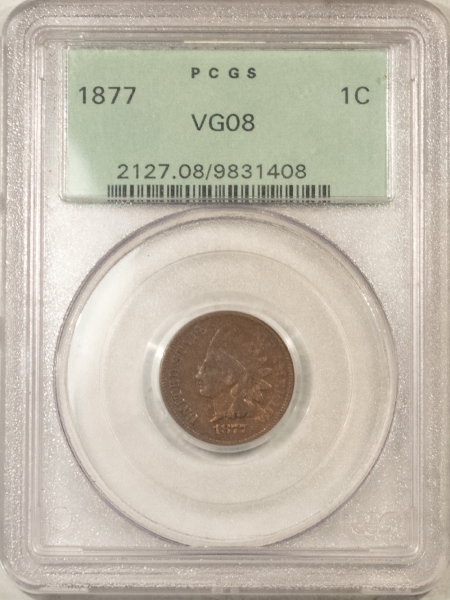 Indian 1877 INDIAN CENT – PCGS VG-8, KEY-DATE, OLD GREEN HOLDER!