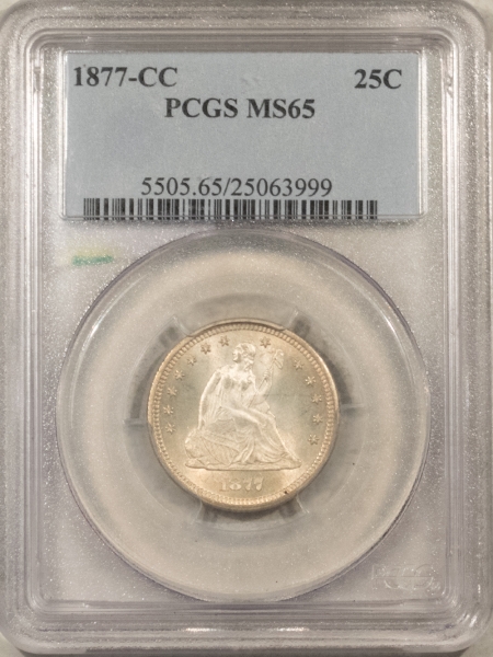 Liberty Seated Quarters 1877-CC SEATED LIBERTY QUARTER – PCGS MS-65, LUSTROUS GEM, FRESH, CARSON CITY!