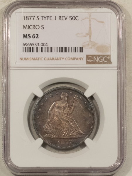 Liberty Seated Halves 1877-S SEATED LIBERTY HALF DOLLAR, TY 1 REV, MICRO S – NGC MS-62, BETTER VARIETY