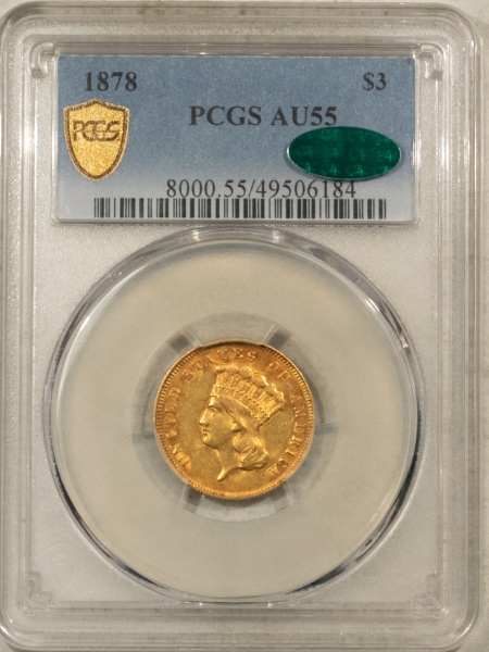 $3 1878 $3 GOLD DOLLAR – PCGS AU-55, ORIGINAL, PREMIUM QUALITY & CAC APPROVED!